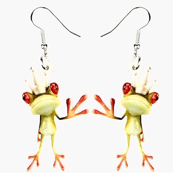 Jewelry - Prince Crown Frog Earrings Drop Dangle Big Long Cute Animal Jewelry For Women